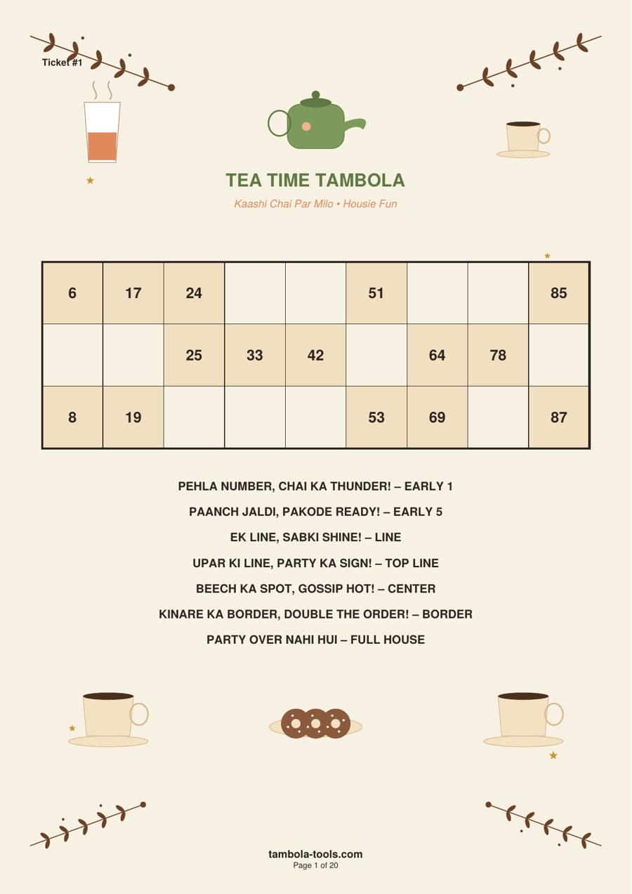 Tea Time Tambola — 20 Illustrated Tickets