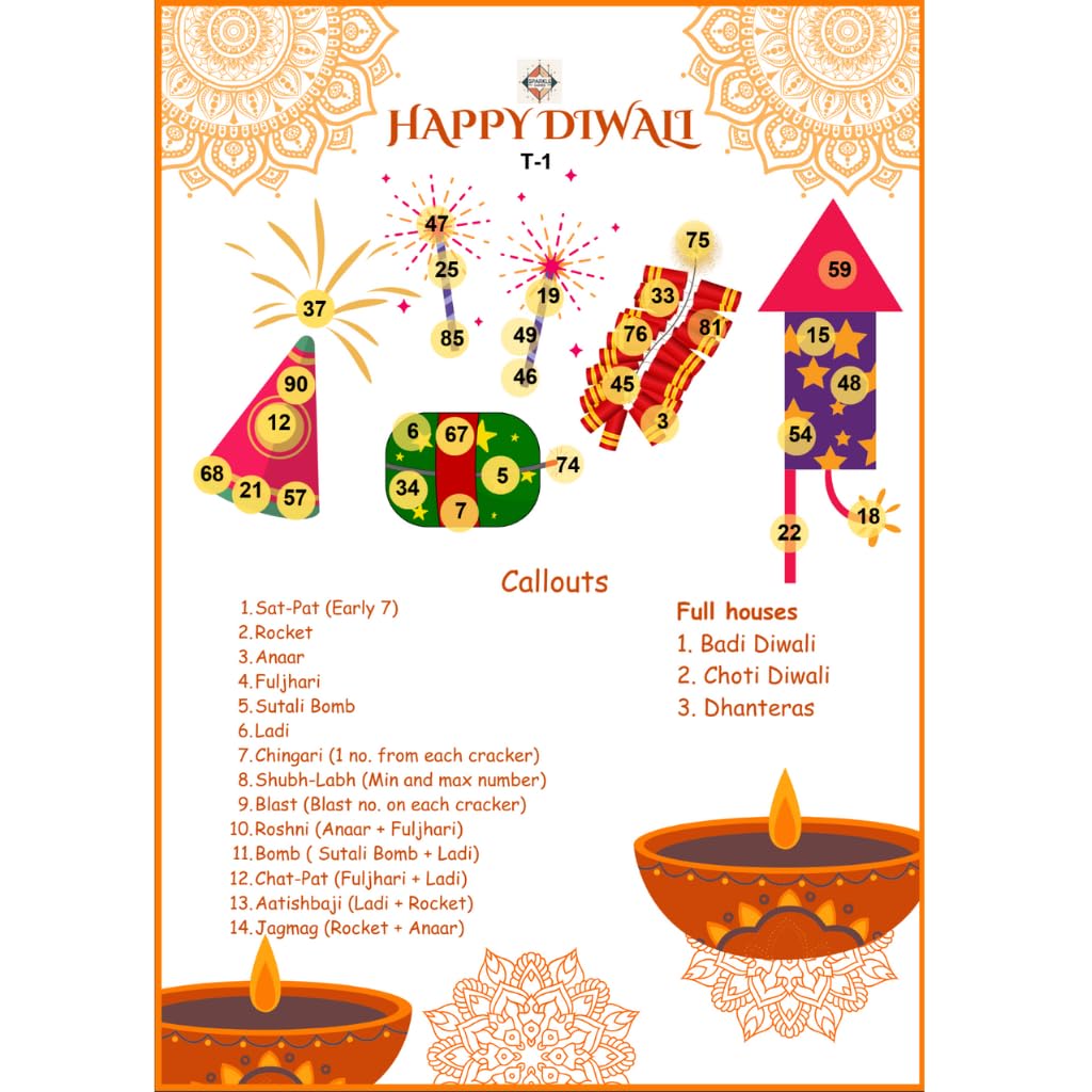 Diwali Theme Tambola Tickets — close up of ticket T-1 with crackers and diyas