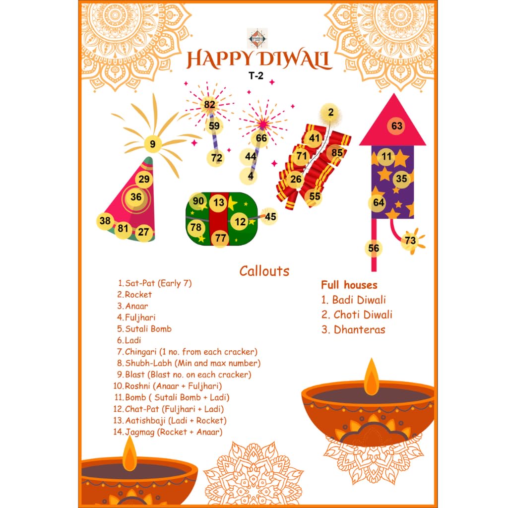 Diwali Theme Tambola Tickets — close up of ticket T-2 with different number set