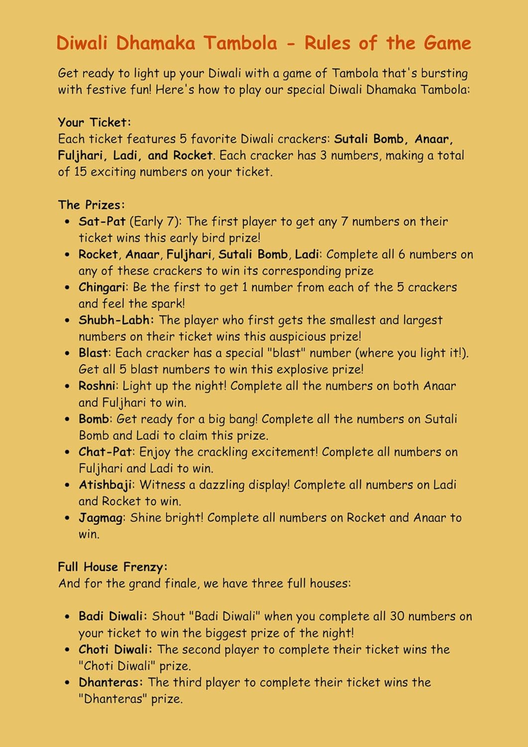 Diwali Theme Tambola Tickets — Diwali Dhamaka Tambola rules of the game sheet