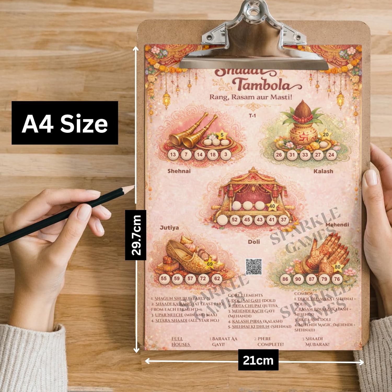 Wedding Tambola Tickets — A4 size Shaadi Tambola card held on a clipboard